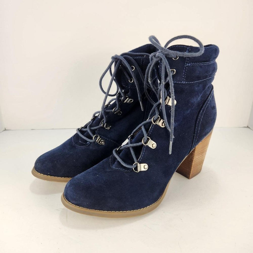 Cato Women's Size 10 Navy Blue Suede Lace Up Ankle Boots Block Heel